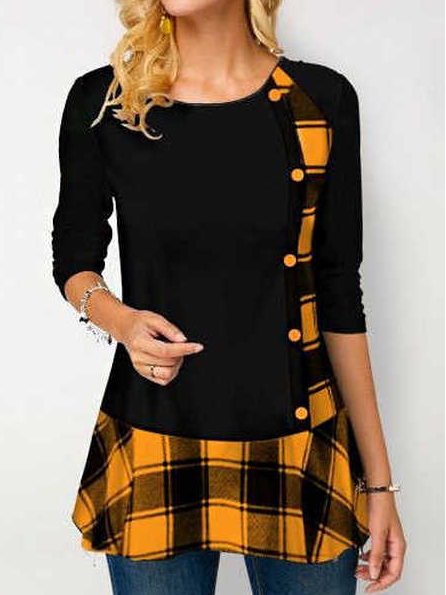 

Crew Neck Grid Loosen Shirts & Tops, Black, Long sleeve tops