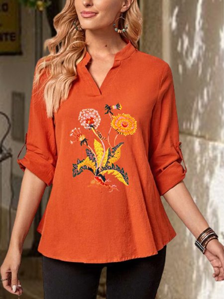 

Floral Regular Fit V Neck Shirts & Tops, Orange, Long sleeve tops