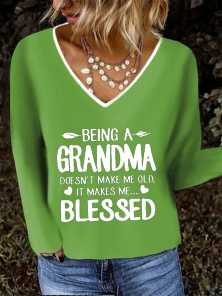 

Casual Long Sleeve V Neck Plus Size Printed Tops T-shirts, Green, T-Shirts