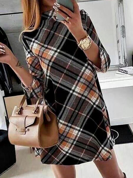 

Plaid Long Sleeves Shift Above Knee Casual/Elegant Dresses, Brown, Mini Dresses
