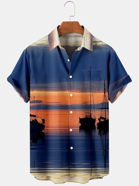 

Short Sleeve Shirt Collar Shirts, Blue, Men's Floral shirt