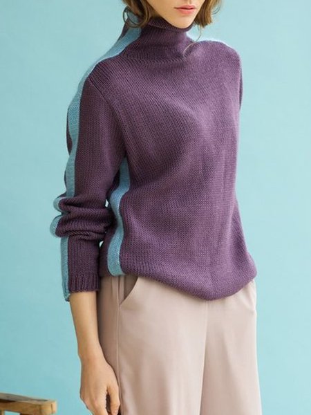 

High Neck Daily Solid Long Sleeve Sweater, Purple, Pullovers
