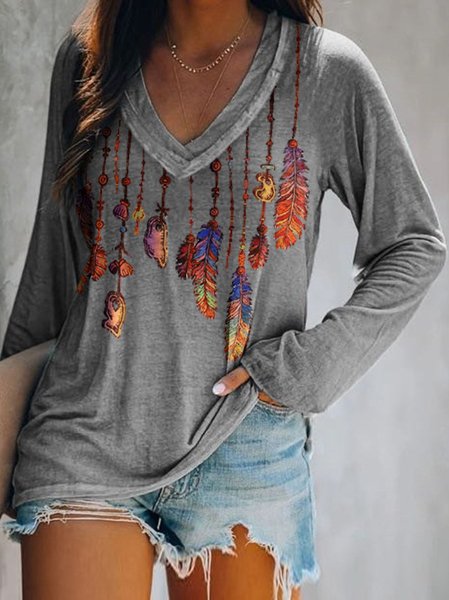 

Cotton Loosen V Neck Ethnic Shirts & Tops, Gray, Long sleeve tops