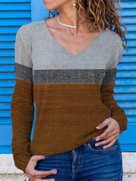 

Casual Long Sleeve V Neck Top, Multicolor, Tops