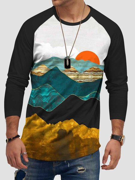 

Landscape Painting Graphic Long Sleeve Loose Tee, As picture, T-shirts