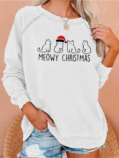 

Meowy Christmas Printed Round Neck Sweatshirts, White, Hoodies&Sweatshirts