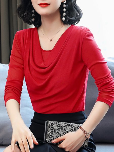 

Regular Fit Crew Neck Long Sleeve Plain Top, Red, Tops