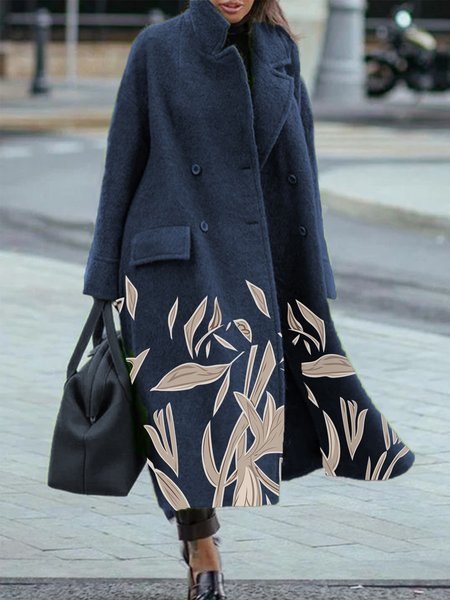 

Lapel Elegant Loosen Printed Outerwear, Navyblue, Coats