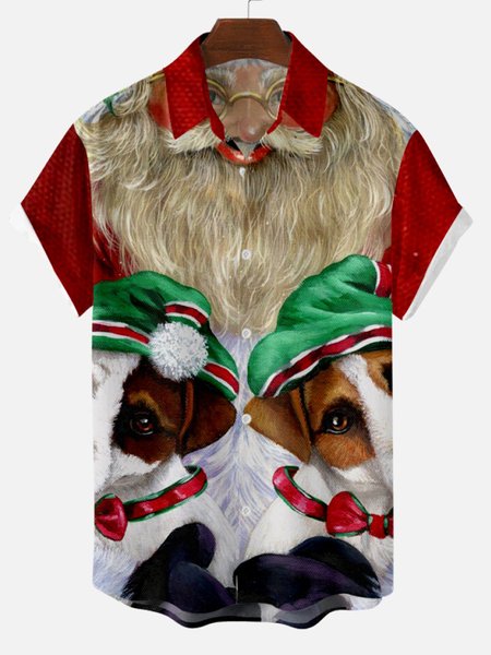 

Dogs Lover Santa Claus Christmas Short Sleeve Casual Shirts & Tops, As picture, Shirts