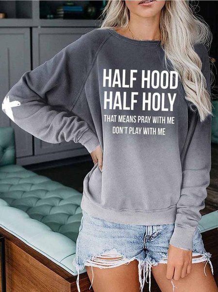 

HALF HOOD HALF HOLY Letter Cotton Blends Regular Fit Crew Neck Sweatshirt, Gray, Sweatshirts & Hoodies