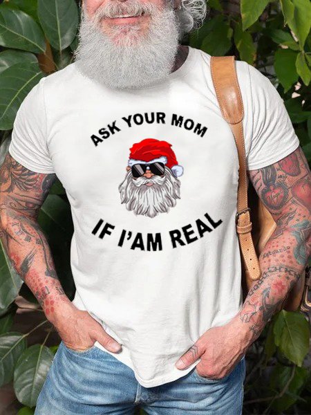 

Funny Santa print round neck short-sleeved cotton T-shirt, White, T-shirts