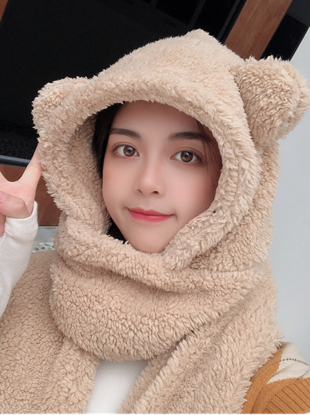 Bear ears hat gloves scarf three-piece set women's plush thick bear scarf, Khaki, Women Scarves & Shawls