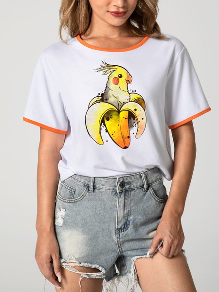 

Unocis Bird Printed Round Neck Short Sleeve Ringer Tee, Orange, T-shirts