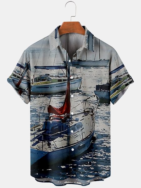

Shirt Collar Short Sleeve Shirts, Blue, Men's Floral shirt