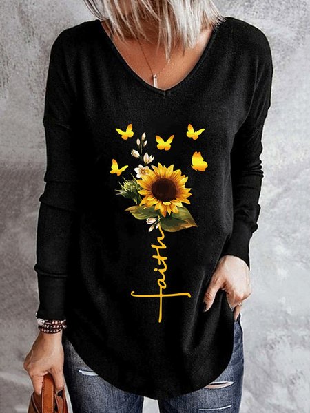 

Sunflower Letter Printed Casual V Neck Long Sleeve Shirts & Tops, Black, Tops