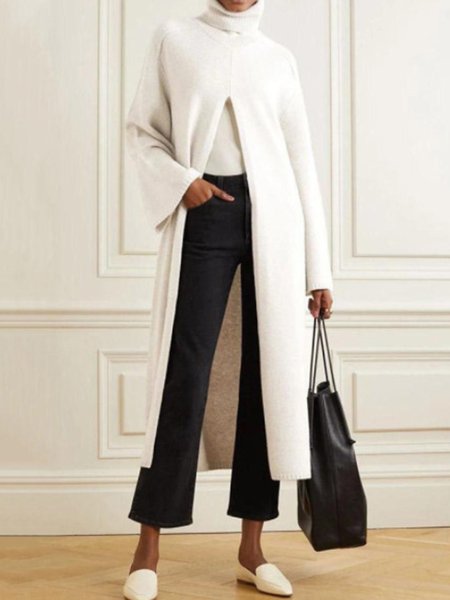 

Casual High Neck Slit Sweater, White, Pullovers
