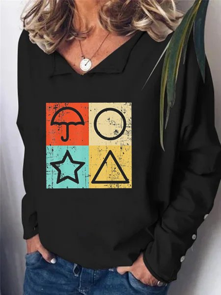 

Long Sleeve V Neck Printed Casual Shirts & Tops, Black, T-Shirts