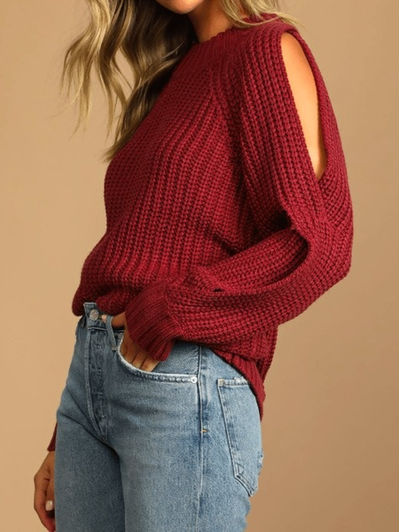 

Fall Simple Mid-weight High Stretch Crew Neck Daily Sweater, Brick red, Pullovers