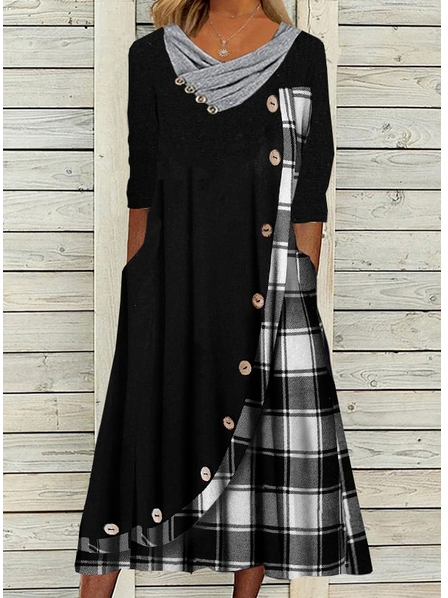 

Casual Grid with Buttons Cowl Neck Loose Dress, Black, Maxi Dresses