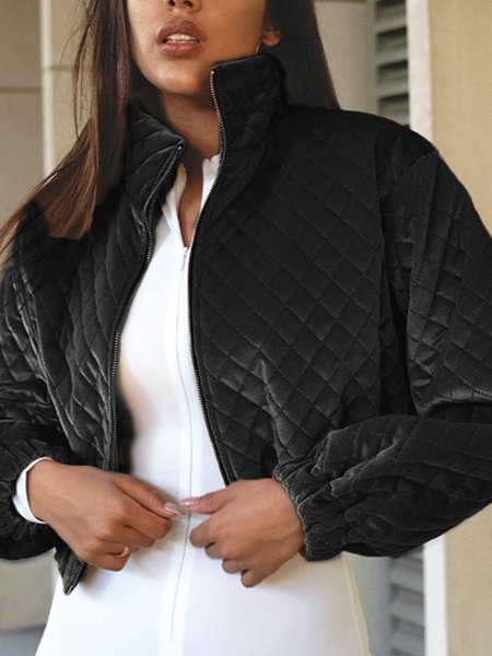 

Loosen High Neck Plain Outerwear, Black, Outerwear