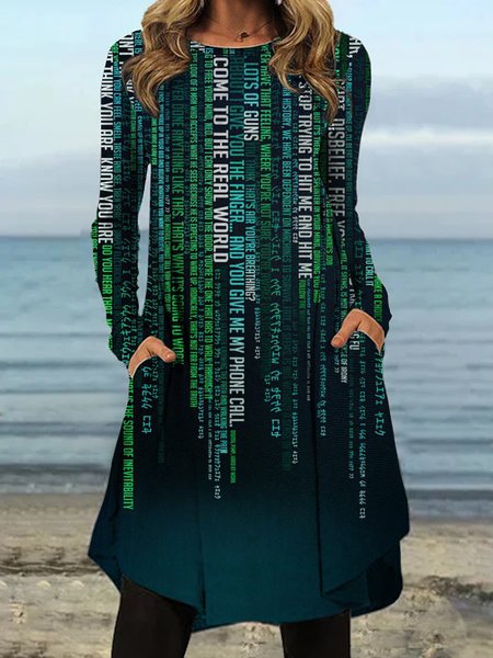 Loosen Letter Casual Dresses, Green, Mini Dresses
