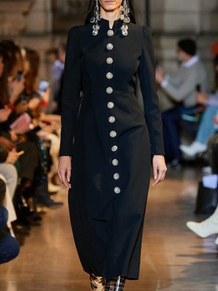 

Simple Stand Collar Regular Fit Elegant Dress, Black, Maxi Skirts