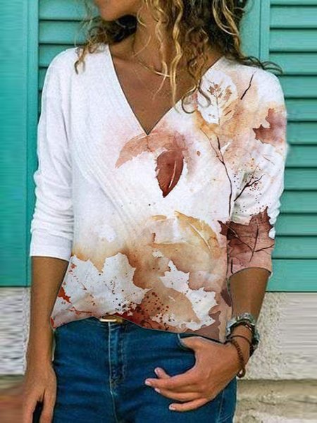 

Household Daily Vintage V Neck Casual Leaves Shirts & Tops, White, Long sleeve tops