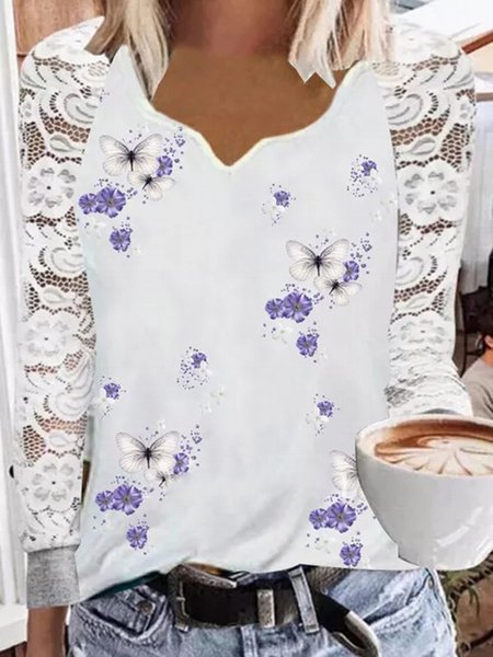 

Butterfly Floral Printed Casual V Neck Long Sleeve Shirts & Tops, White, Tops