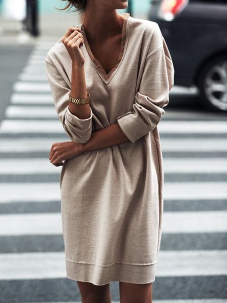

V Neck Plain Casual Dresses, Apricot, Mini Dresses