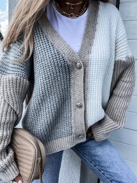 

Gray Color Block Lady V Neck Sweater coat, Cardigans