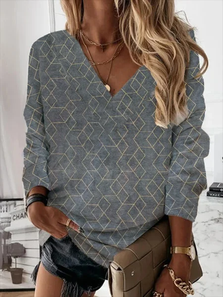 

Geometric Printed V Neck Casual Loosen Shirts & Tops, Gray, Tops