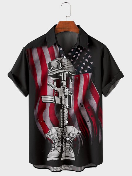 

Casual America Flag Veterans Loose Short Sleeve Shirts, Black, Men's Floral shirt