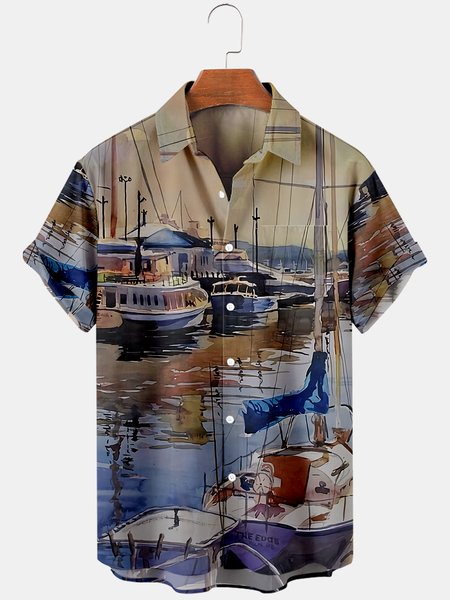 Short Sleeve Shirt Collar Shirts & Tops, Blue, Men's Floral shirt