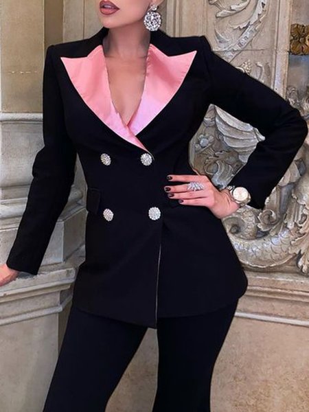 

Color Block Elegant Lapel Outerwear Blazer, As picture, Blazers
