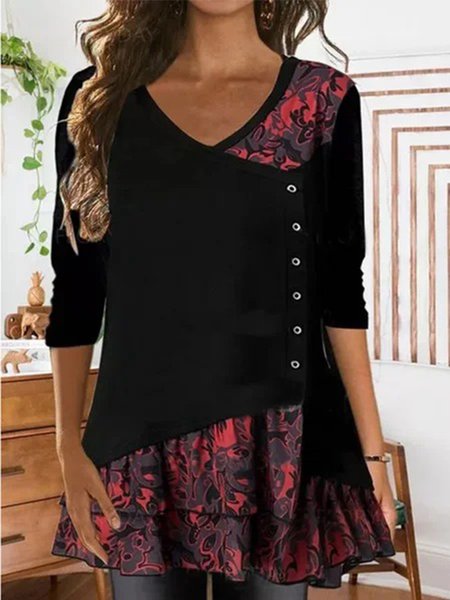 

Casual V Neck Loosen Long Sleeve Tops, Black, Tops