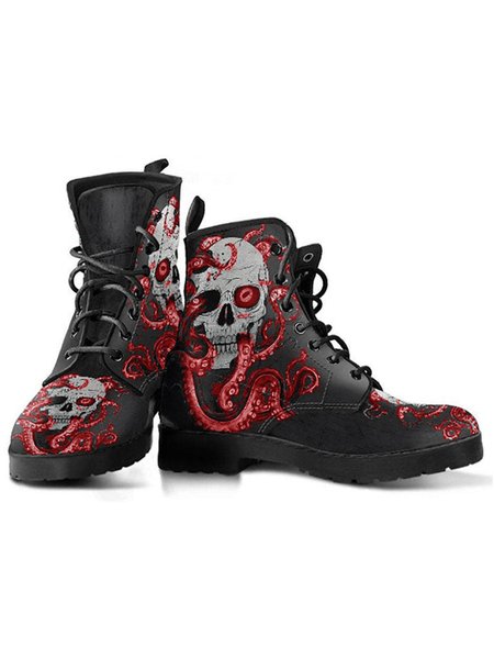 

Halloween Personalized Skull Print Martin Combat Boots, Red, Boots