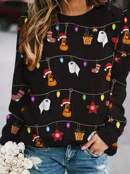 

Christmas Printed Holiday Party Round Neck Casual Sweatshirt, Black, Hoodies & Sweatshirts