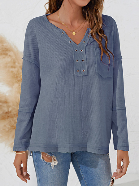 

V Neck Loosen Casual Shirts & Tops, Blue, T-Shirts