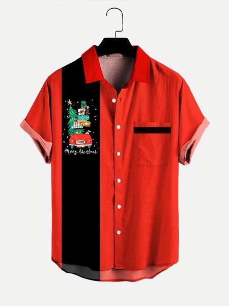 

Mens Christmas Car Print Loose Short Sleeve Shirts, Red, Men's basic shirt