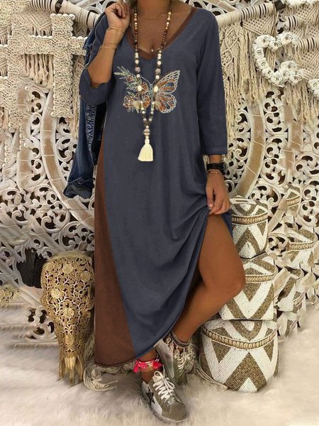 

Farfalla Allentare Cotone miscele Abito, Blu, Maxi Dresses