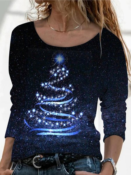 

Women's Blue Sweatshirt Christmas Tree Graphic Printed, Deep blue, T-Shirts