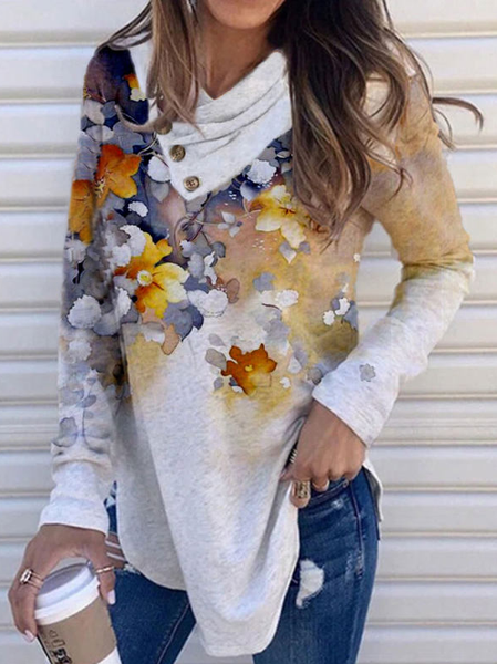 

Loosen Floral Cotton Blends Shirts & Tops, Gray, Long sleeve tops