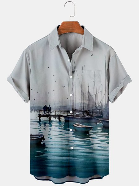 

Short Sleeve Shirt Collar Shirts, Blue, Men's Floral shirt
