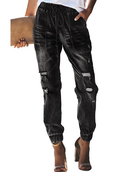 

Plain Casual Denim Pants, Black, Jeans