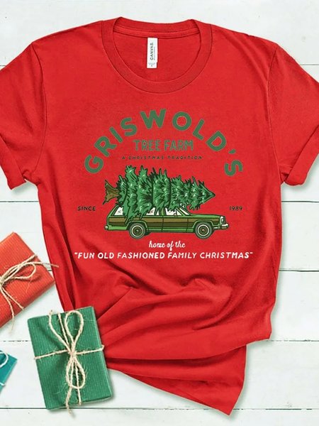 

Griswold's Tree Farm Letter Cotton Casual Shirts & Tops, Red, T-shirts