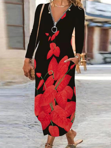 

Long Sleeve Floral V Neck Casual Dresses, Black-red, Maxi Dresses
