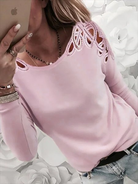 

Pizzo Patchwork Solido Girocollo Sexy Top, Rosa, T-Shirts