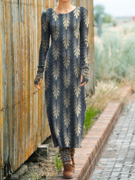 

Geometric Crew Neck Elegant Dresses, Blue, Maxi Dresses