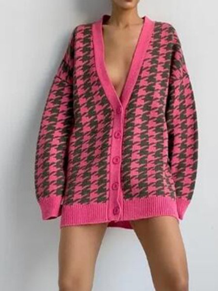 

Long sleeve Houndstooth V Neck Outerwear, Rose red, Cardigans