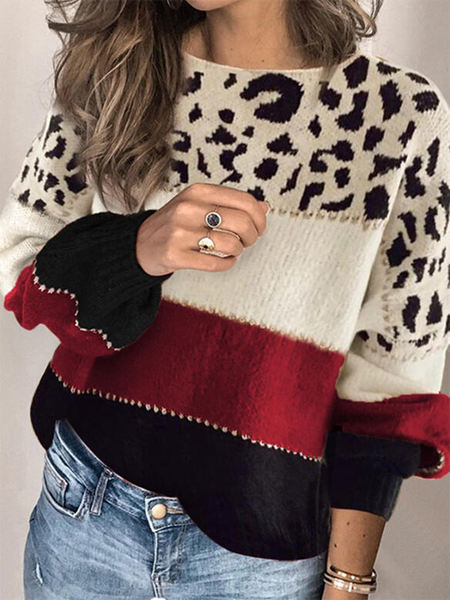 

Casual Crew Neck Leopard Color Block Sweater, Multicolor, Knitwear & Sweaters